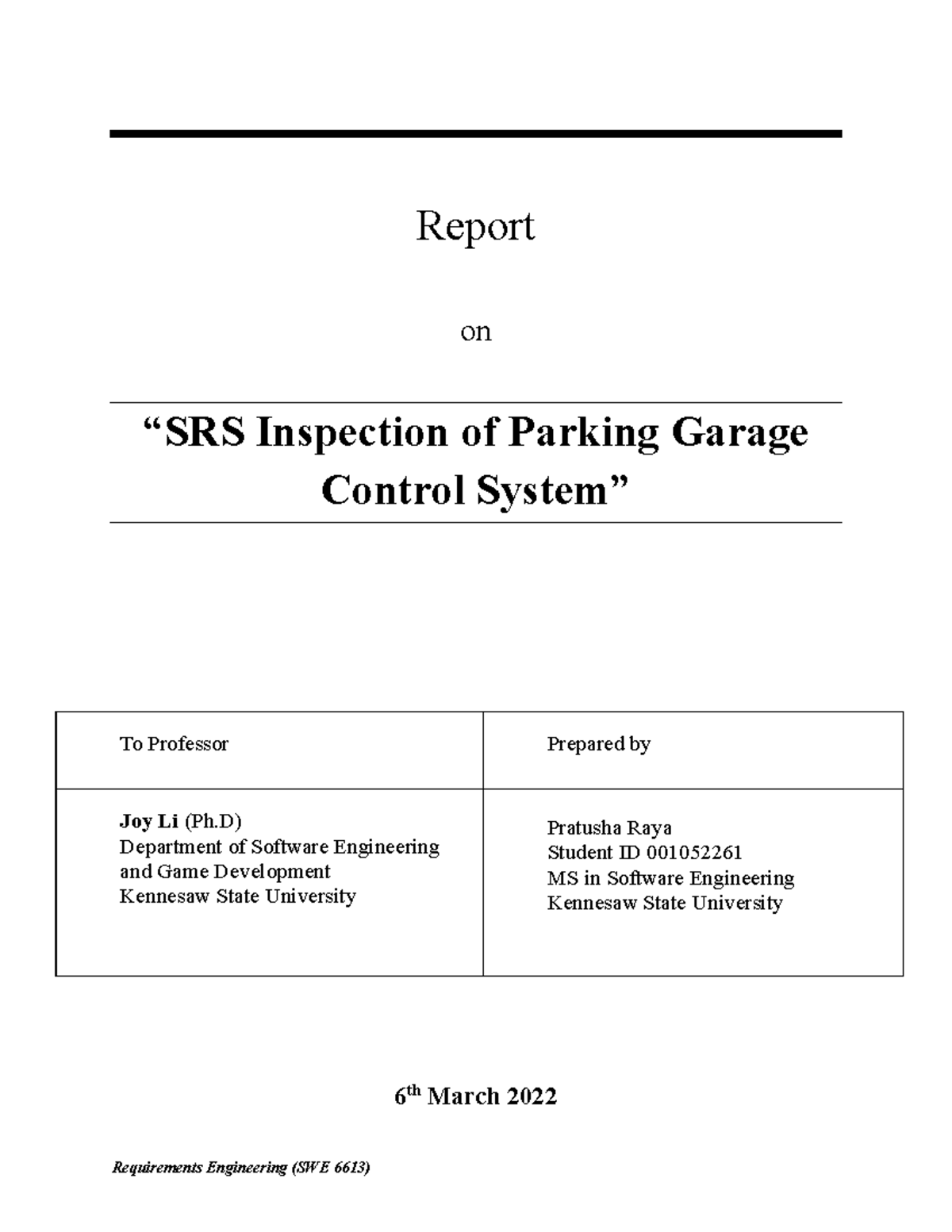 Module #8 Assignment on Inspection - Requirements Engineering (SWE 6613 ...