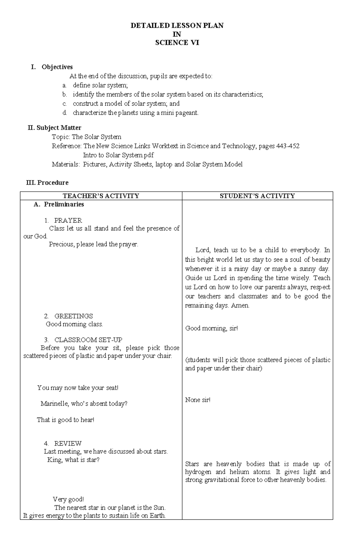 Detailed Lesson Plan Science The Solar System For Grade 6 Pupils 