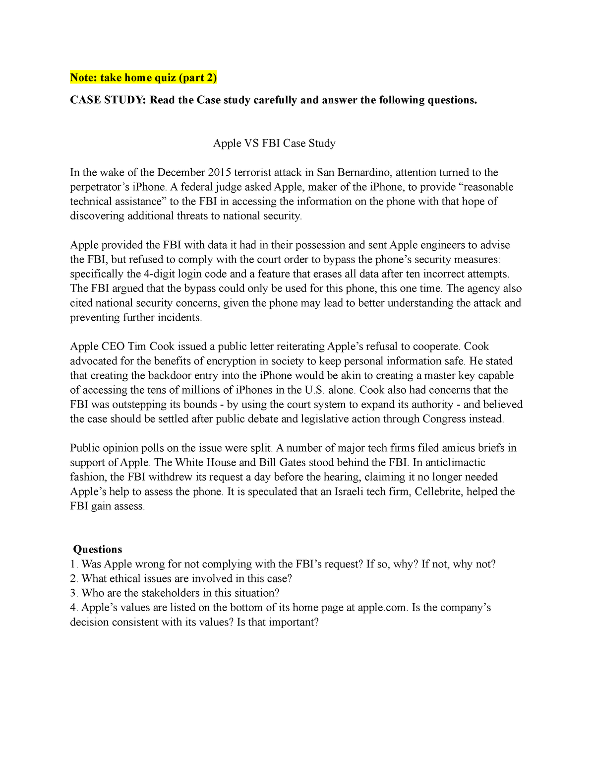 CSR Apple VS FBI Case Study - Note: take home quiz (part 2) CASE STUDY ...