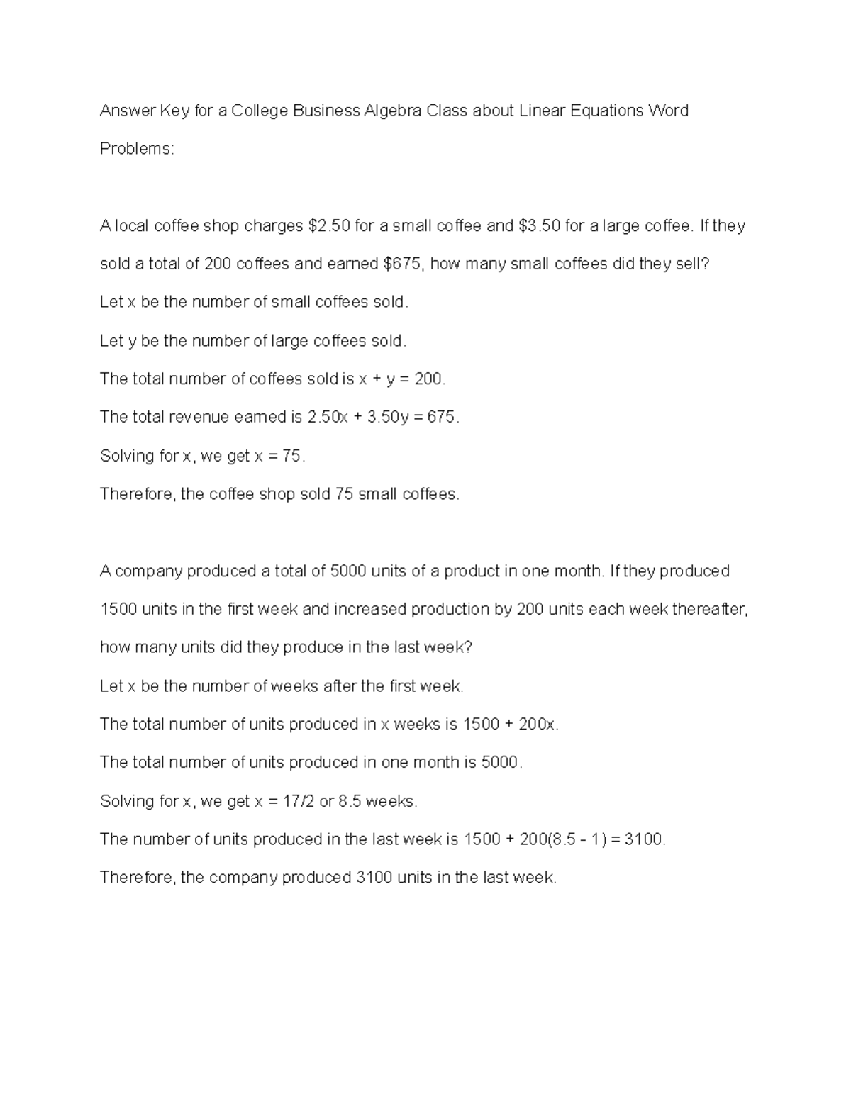 Answer Key For A College Business Algebra Class About Linear Equations