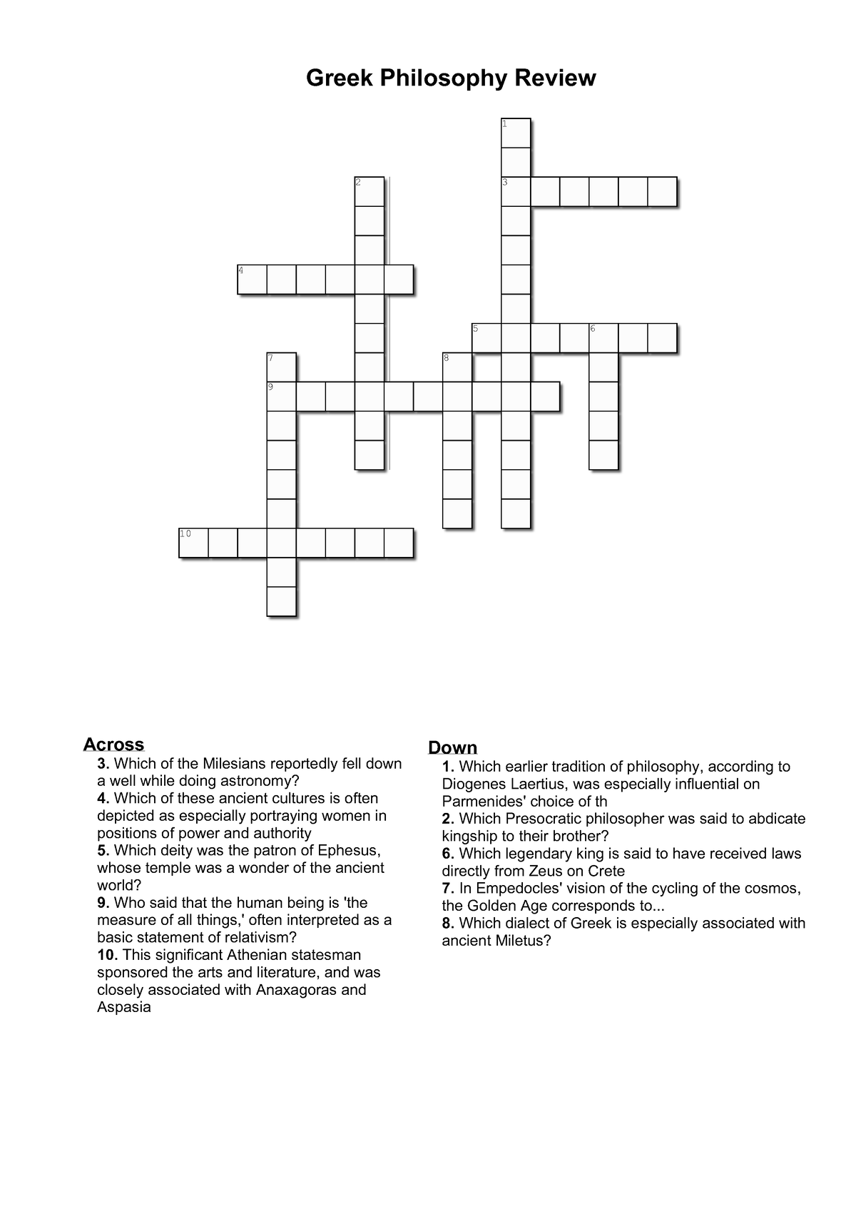 Greek Philosophy Review Crossword Puzzle Greek Philosophy Review 1 2