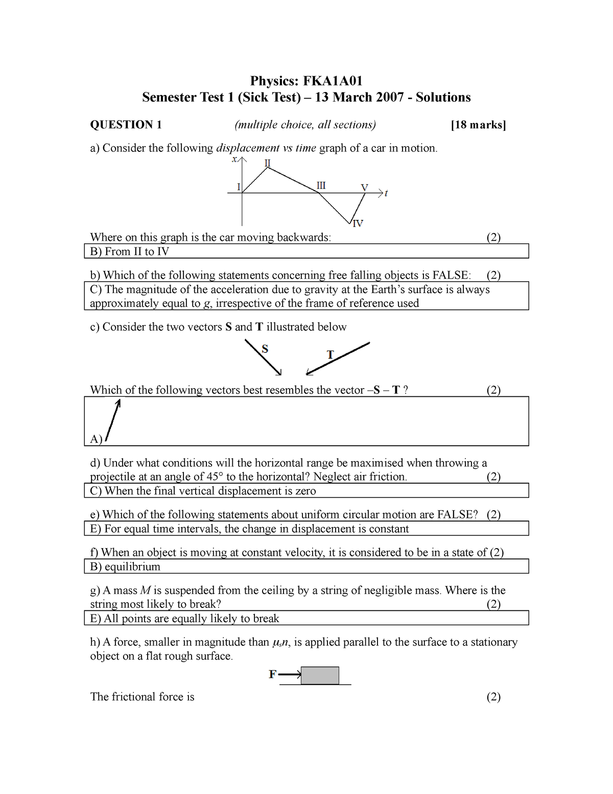 Fka1a01 2007 sicktest 1 solutions - Physics: FKA1A Semester Test 1 ...