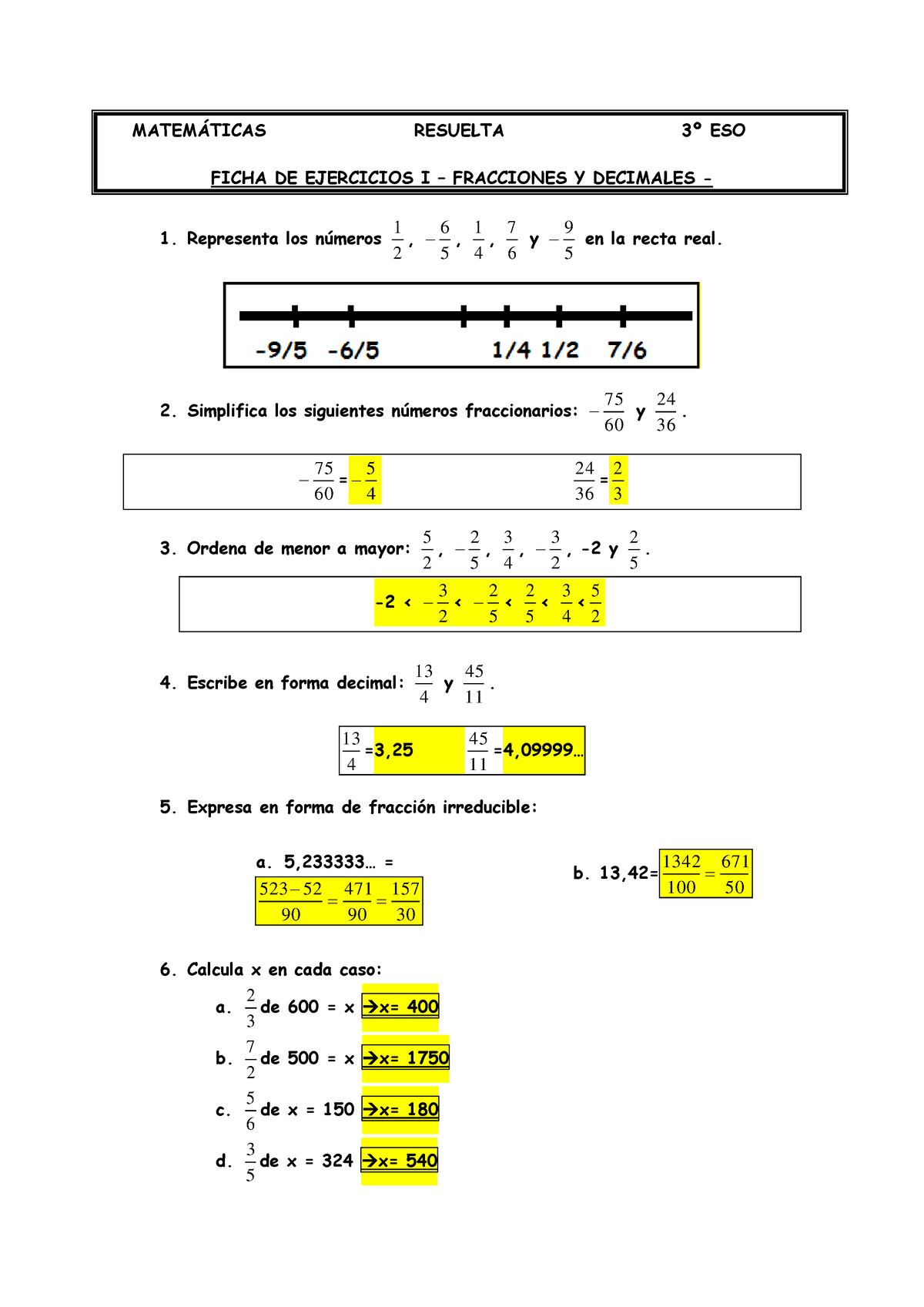 Ficha De Fracciones Con Soluciones - MATEM¡TICAS RESUELTA 3∫ ESO FICHA ...