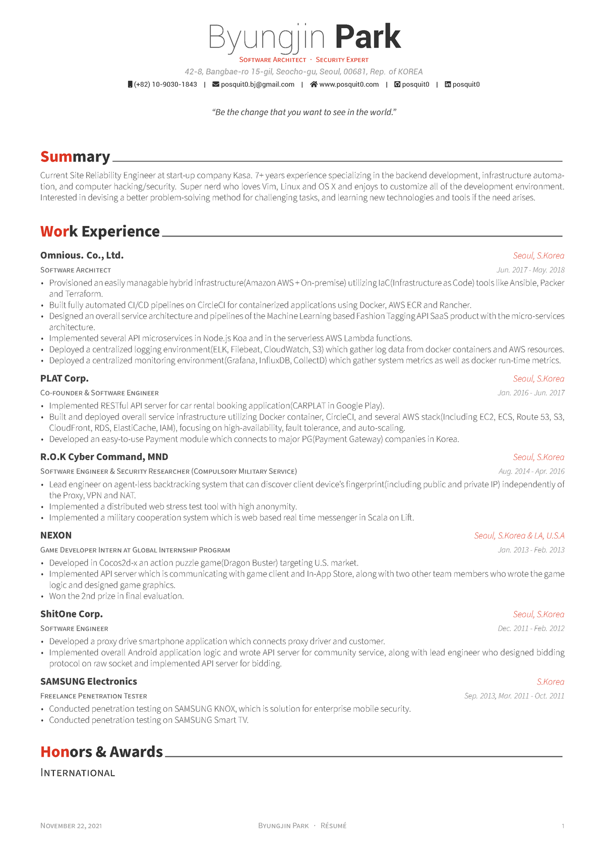 Resume - Byungjin Park ####### SOFTWARE ARCHiTECT · SECURiTY EXPERT ...