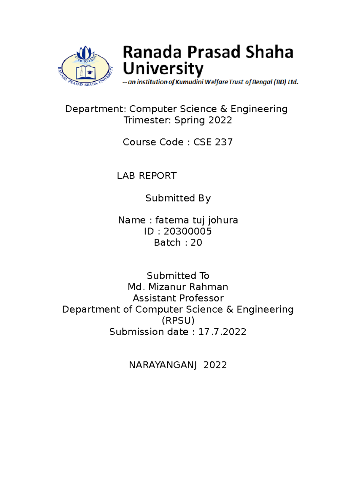 DBMS LAB Report List of work Department Computer Science