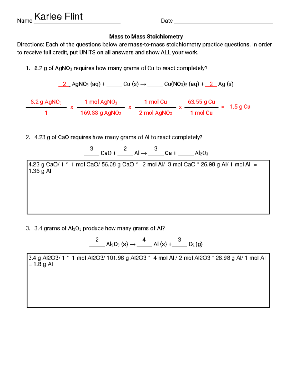 Mass-to-Mass+Stoichiometry+Problems+v2 - Name Date Mass To Mass ...