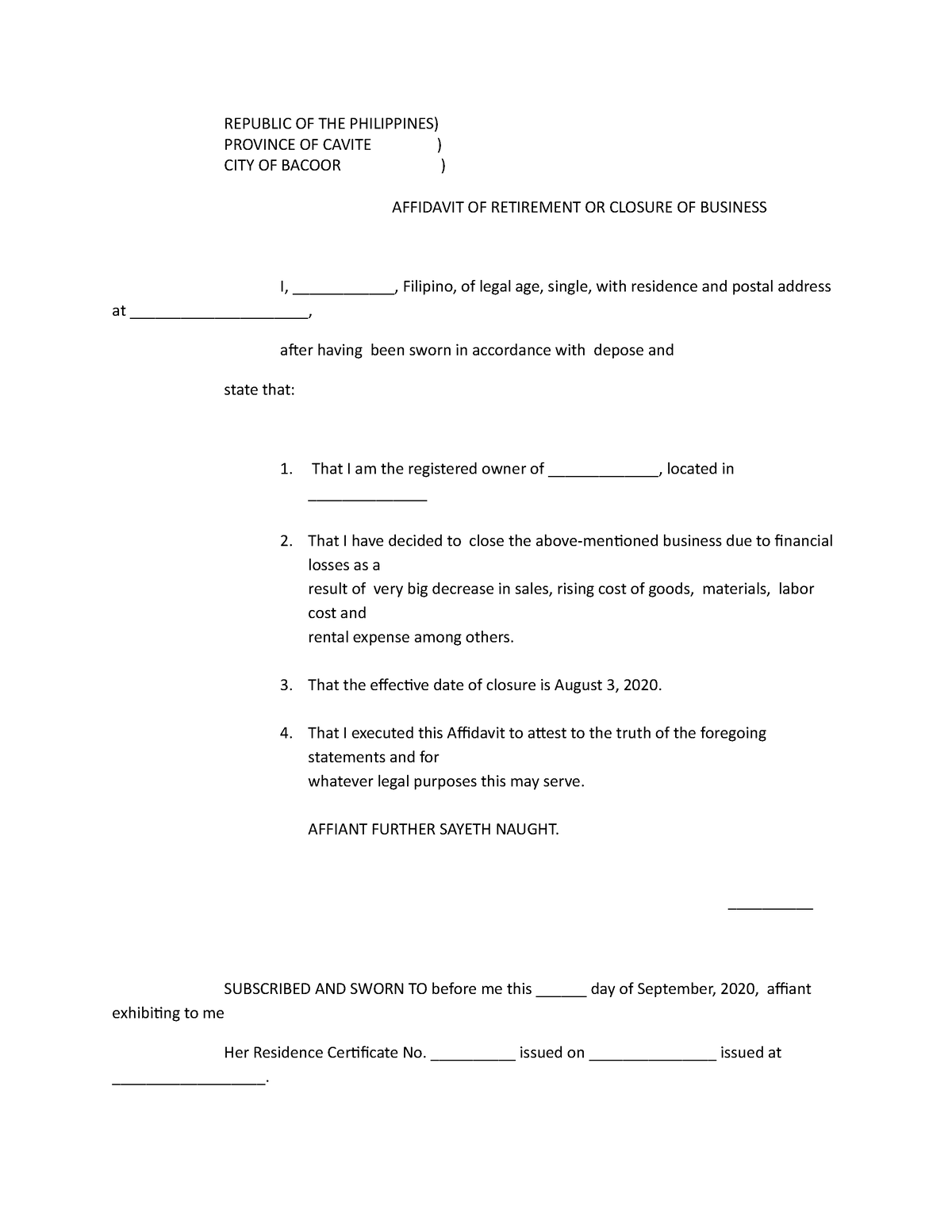 sample-affidavit-of-business-closure