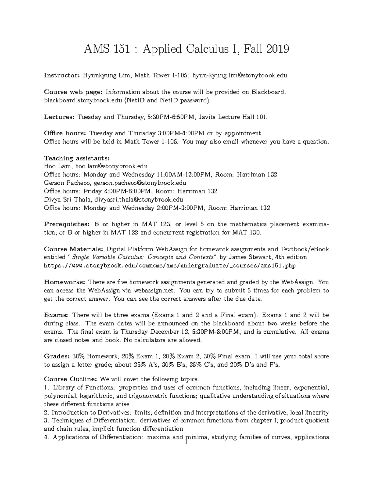 Syllabus Ams151 - AMS 151 : Applied Calculus I, Fall 2019 Instructor ...