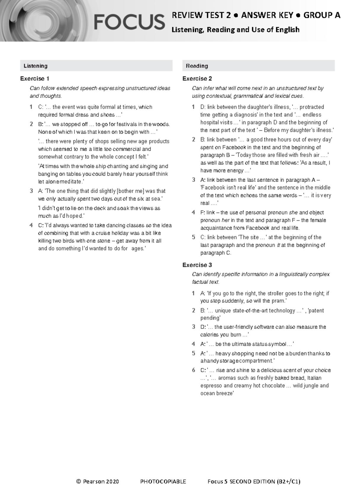 Focus 5 2E Review Test 2 Units 1 6 Listening Reading Uo E Group A ...