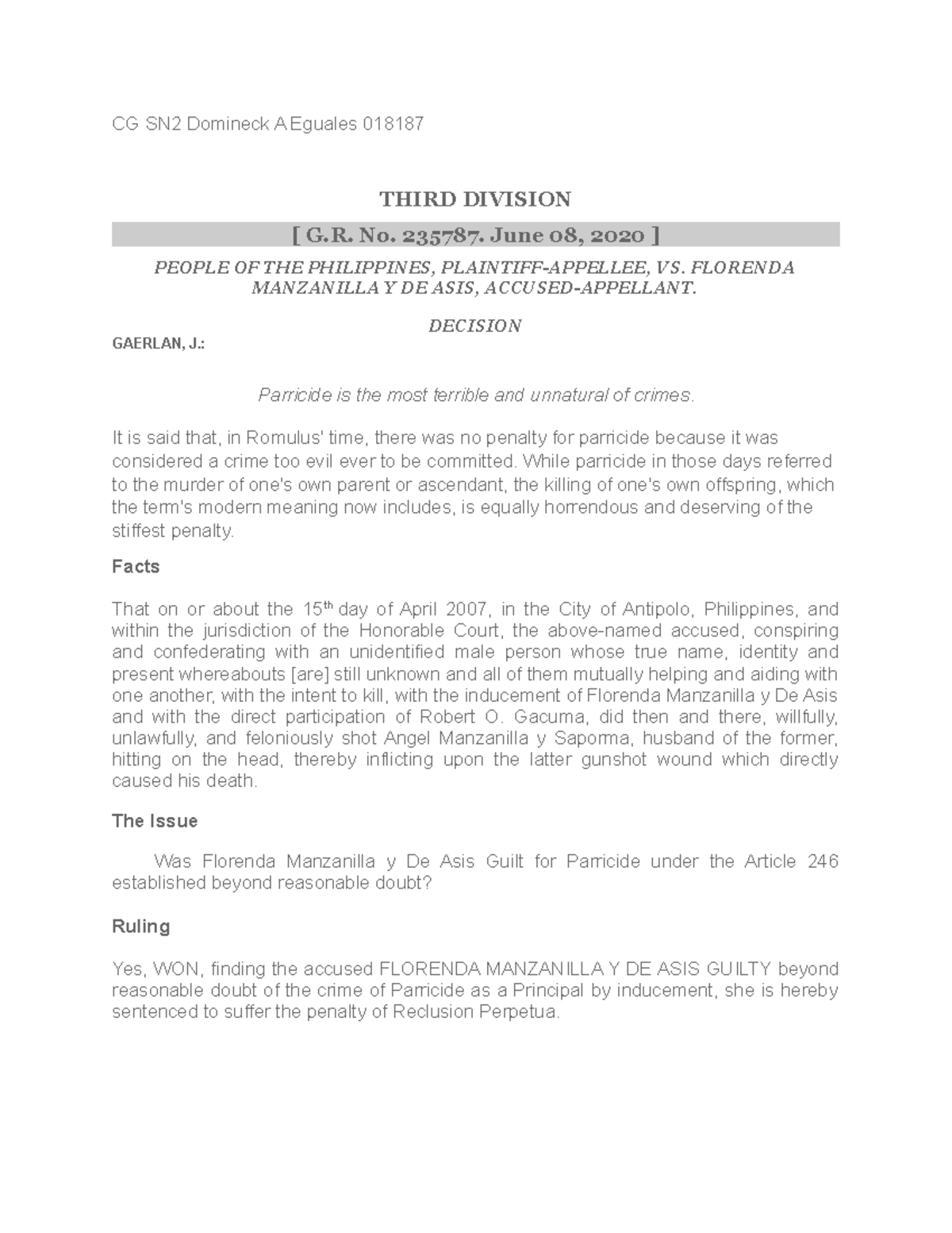 Parracide CASE - none - CG SN2 Domineck A Eguales 018187 THIRD DIVISION ...