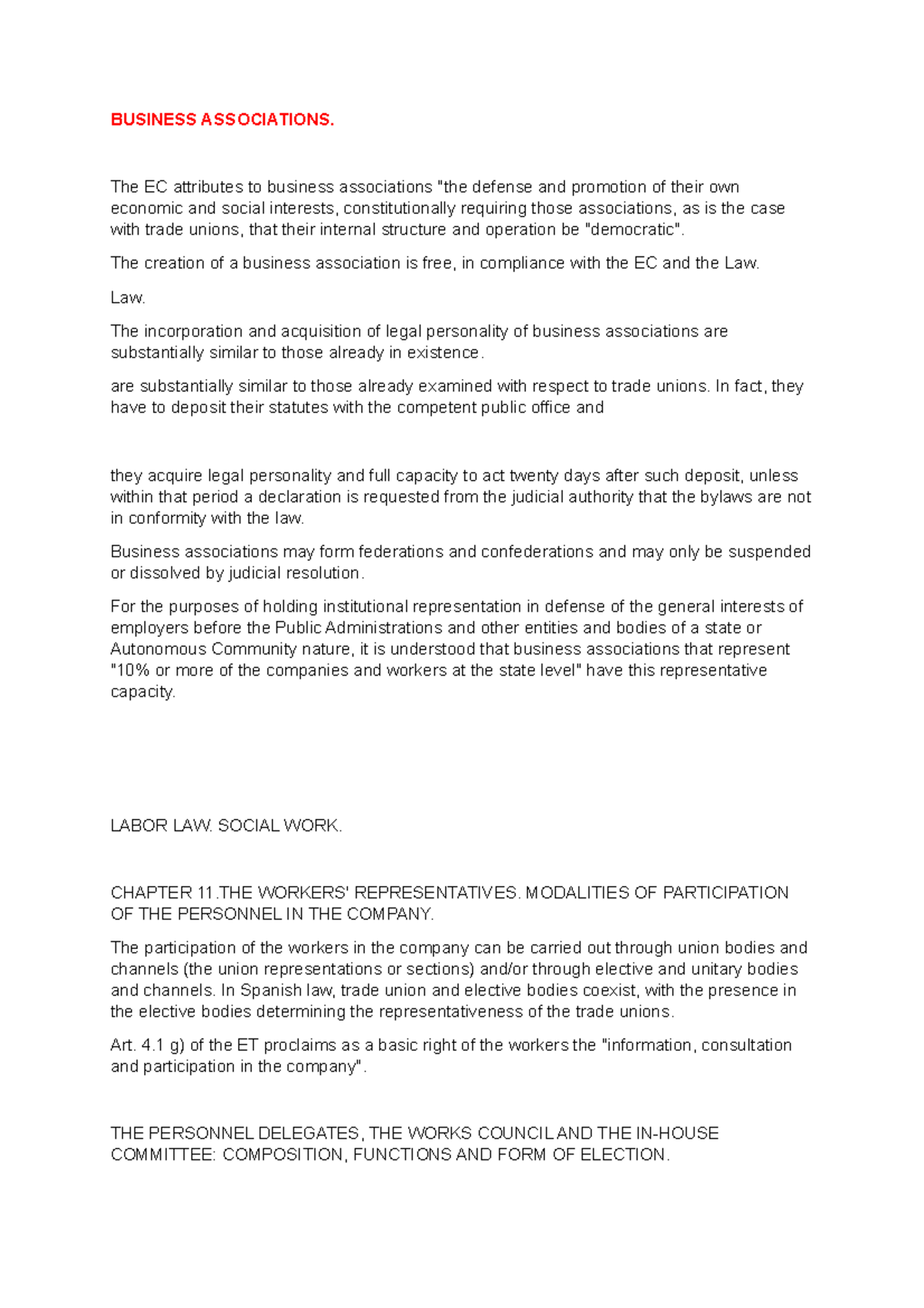 Labor LAW. Social WORK. Chapter TWO 10 BUSINESS ASSOCIATIONS. The EC