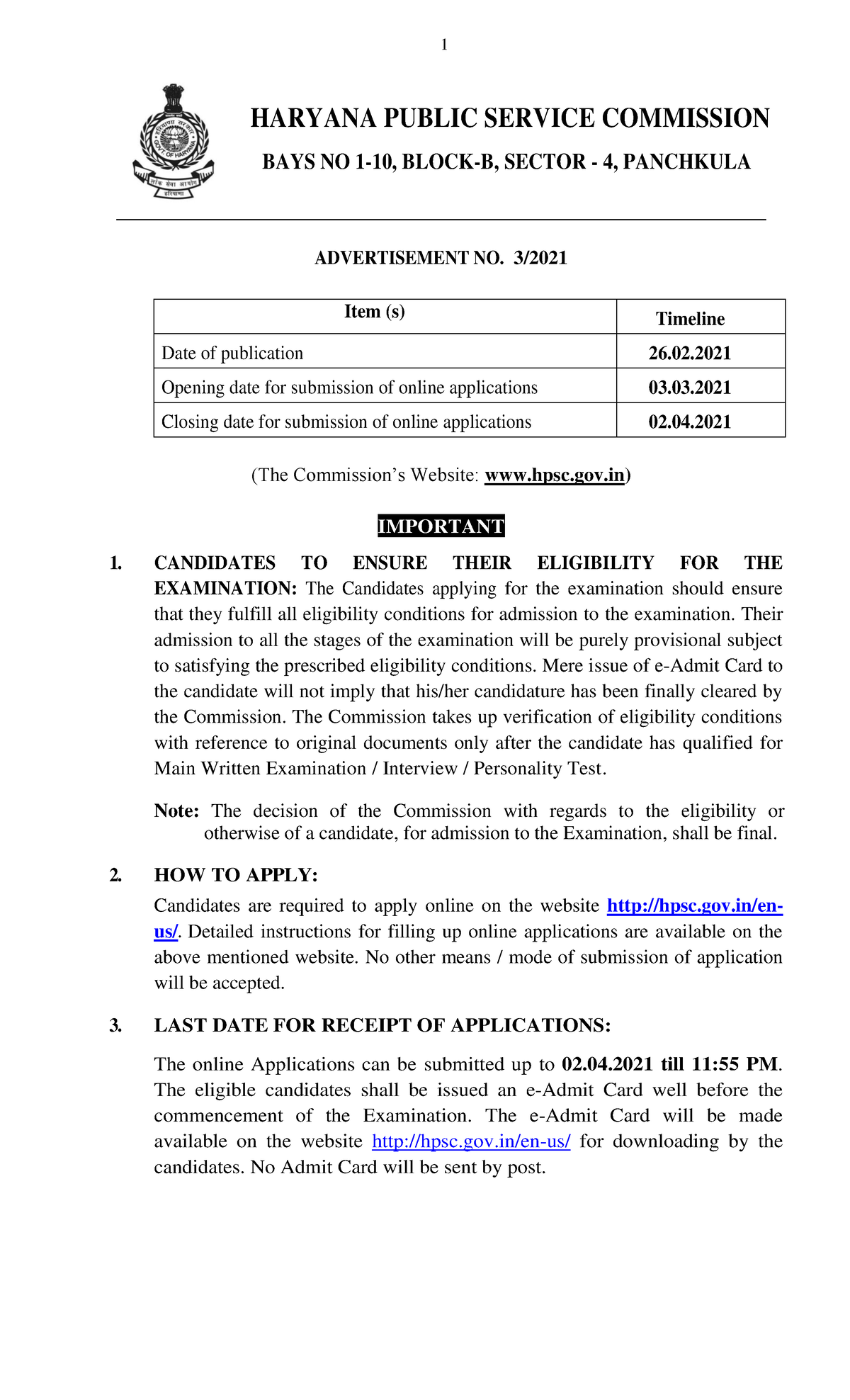 Notification HPSC HCS Ex - HARYANA PUBLIC SERVICE COMMISSION BAYS NO 1 ...