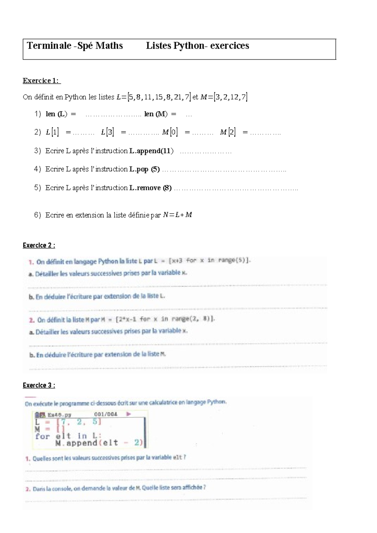 Listes Pyton-exercices - Terminale -Spé Maths Listes Python- exercices ...