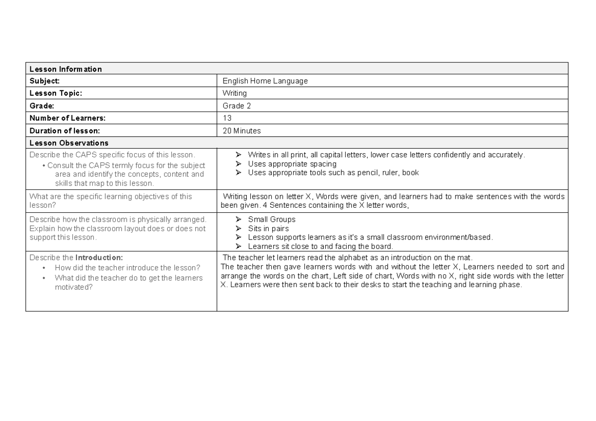 Lesson Feedback Information - Lesson Information Subject: English Home ...