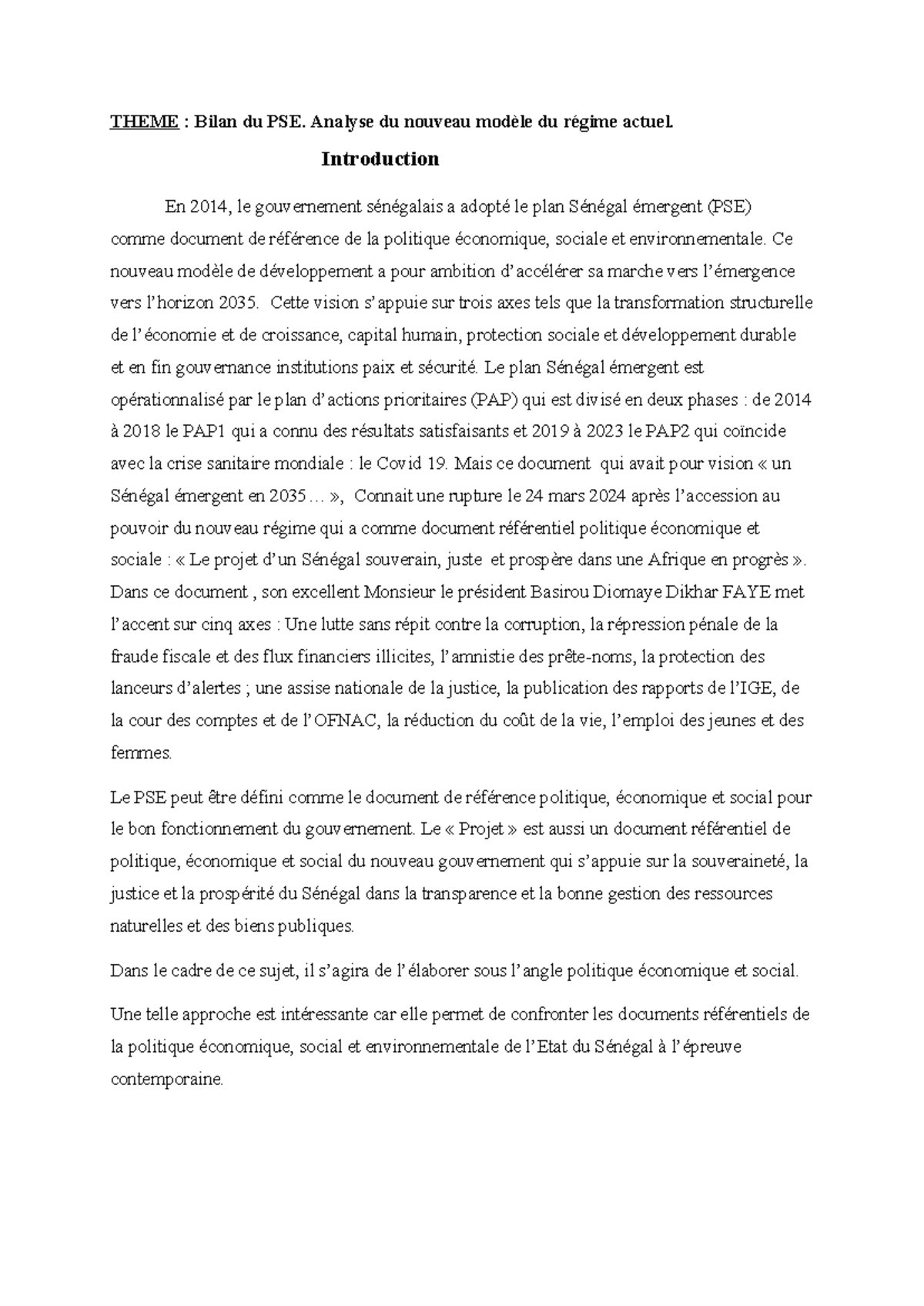 PSE et Projet-1 - Études sur le PSE - THEME : Bilan du PSE. Analyse du ...