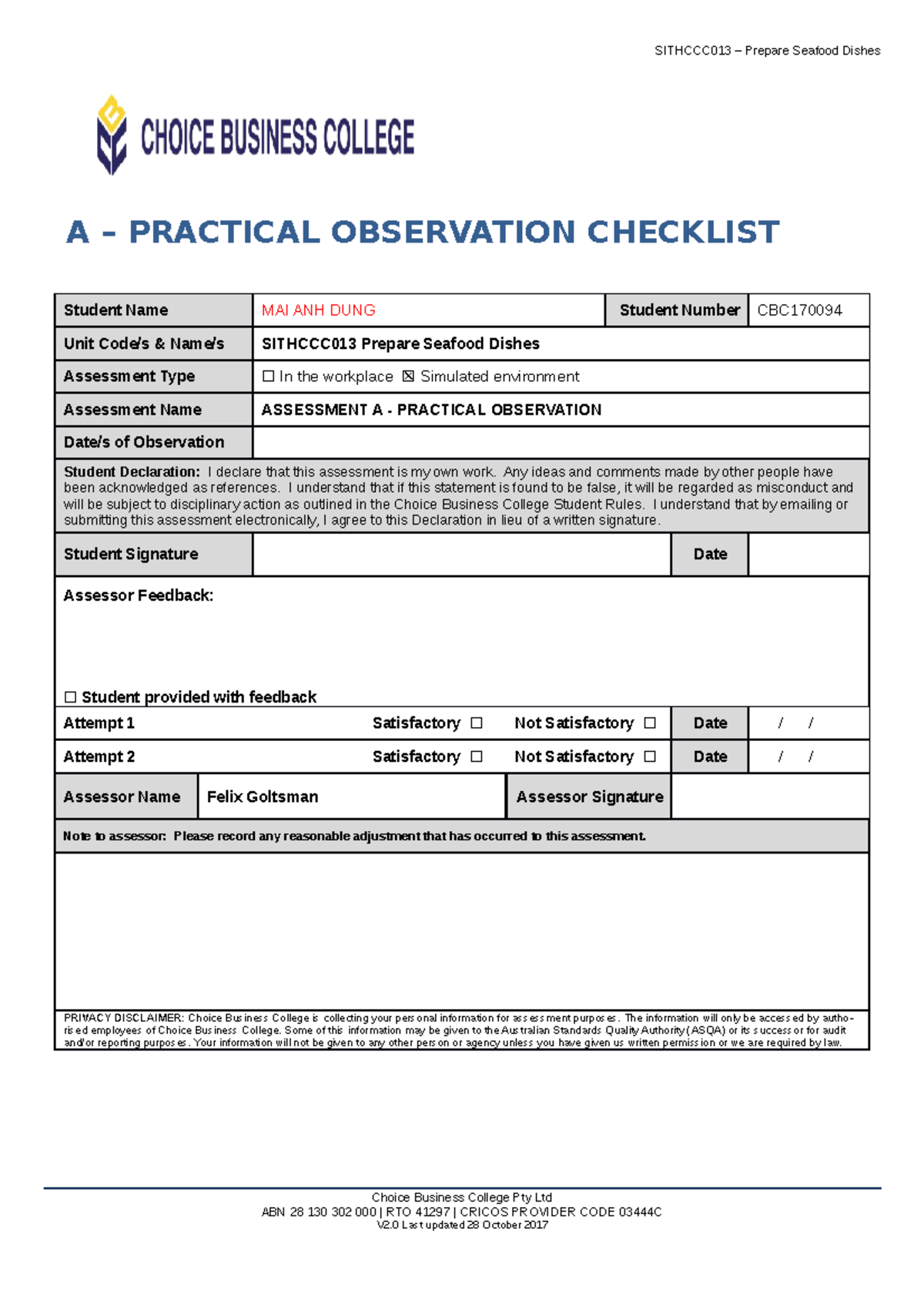 Practical Observation Checklist Sithccc 013 Prepare seafood dishes - A ...