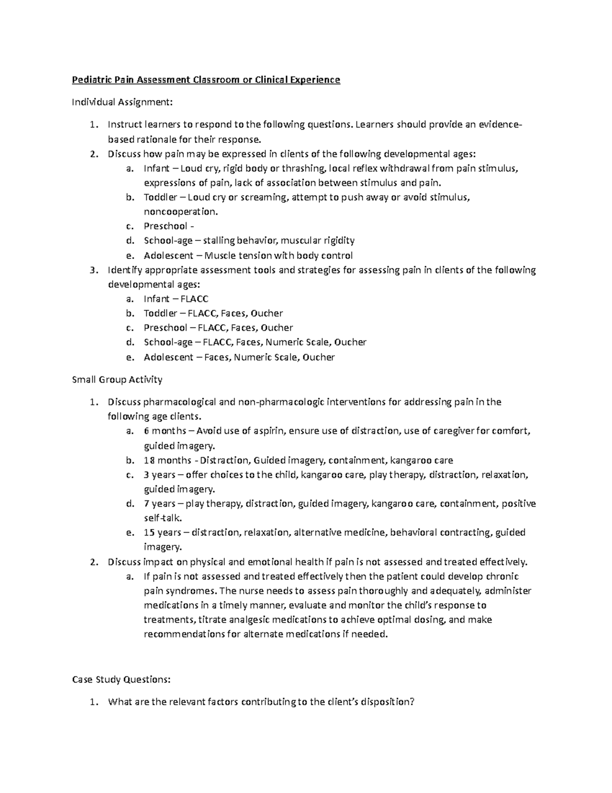 Pediatric Pain Assessment Case Study Clinical Makeup Pediatric Pain