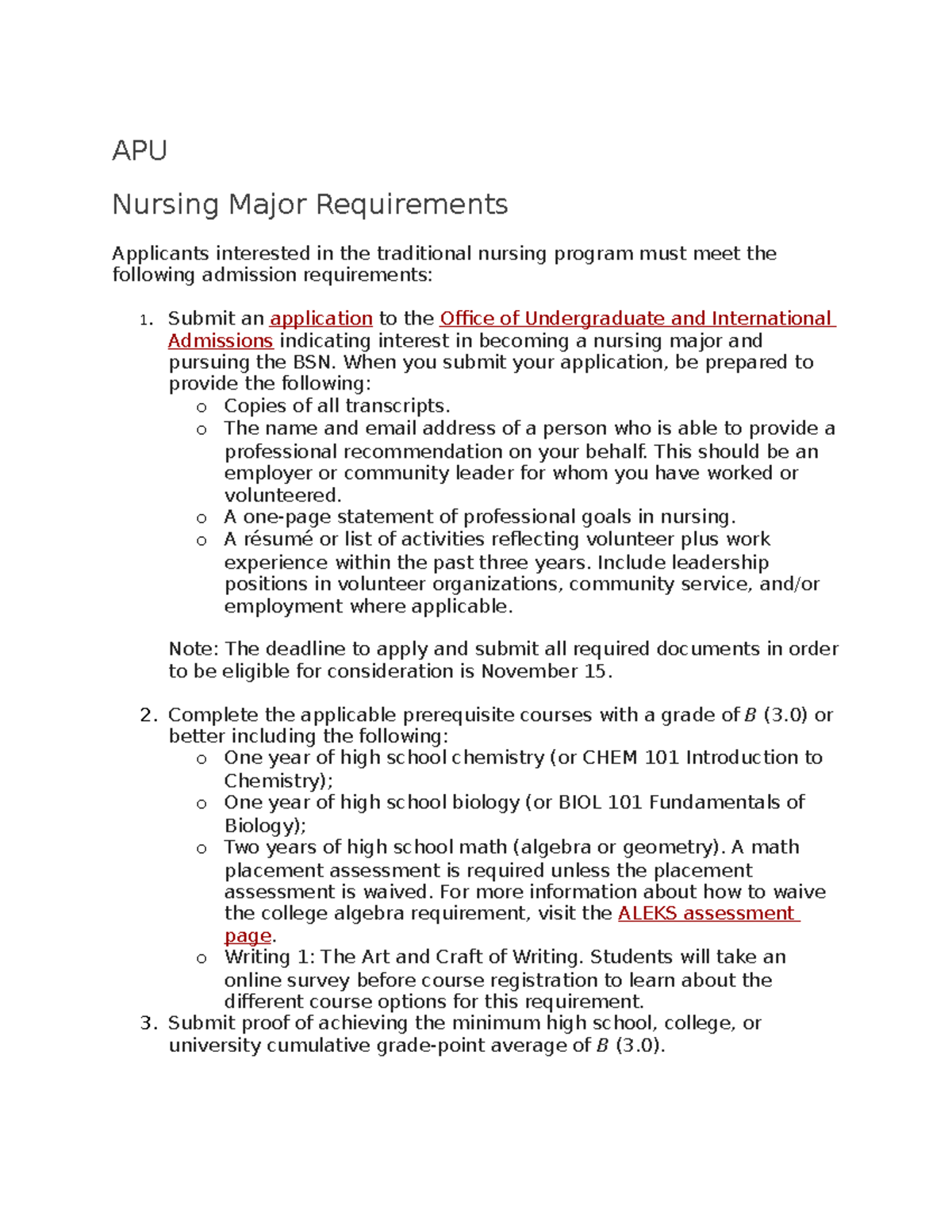 APU Nursing Requirements APU Nursing Major Requirements Applicants