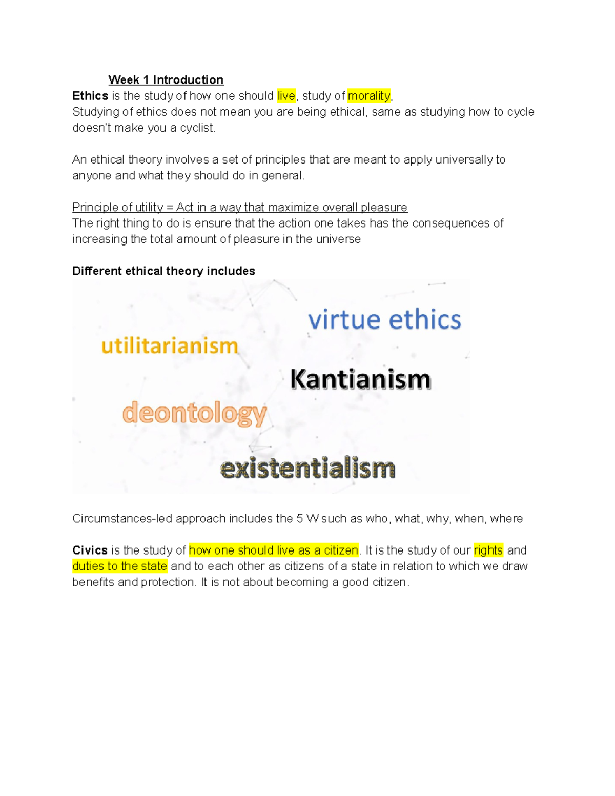 Ethics CC3 Bible - Week 1 Introduction Ethics is the study of how one ...
