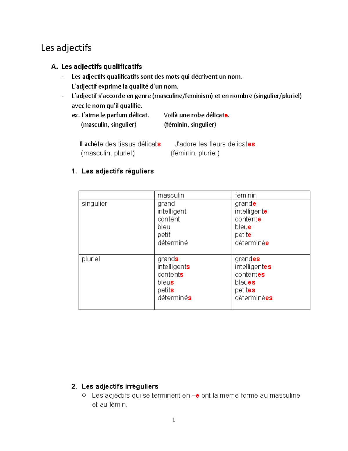 Frenchexam 14 - Notes - Les adjectifs A. Les adjectifs qualificatifs ...