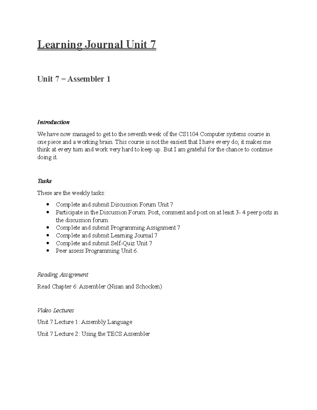 Learning Journal Unit 7 - This course is not the easiest that I have ...