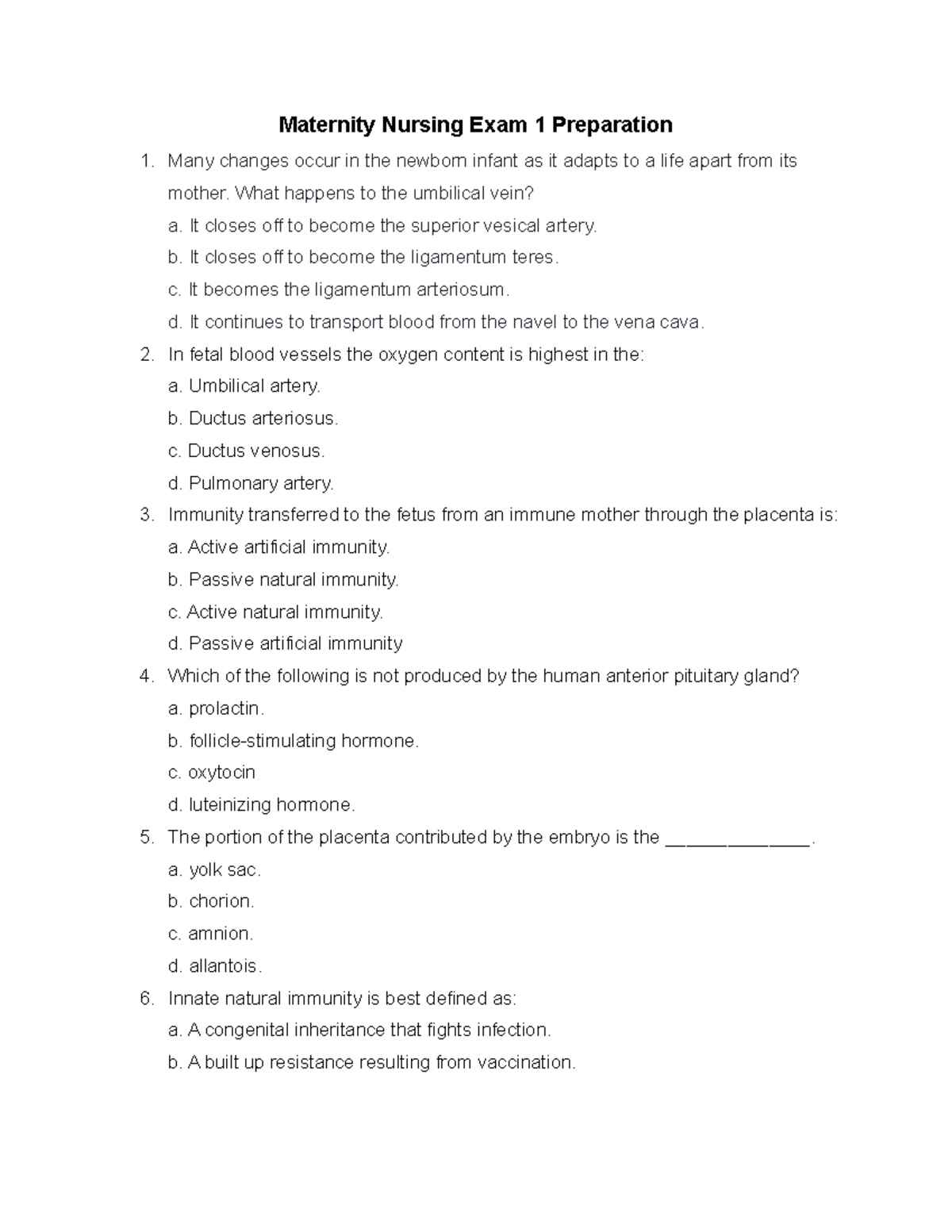 Maternity Nursing Exam 1 Preparation Maternity Nursing Exam 1