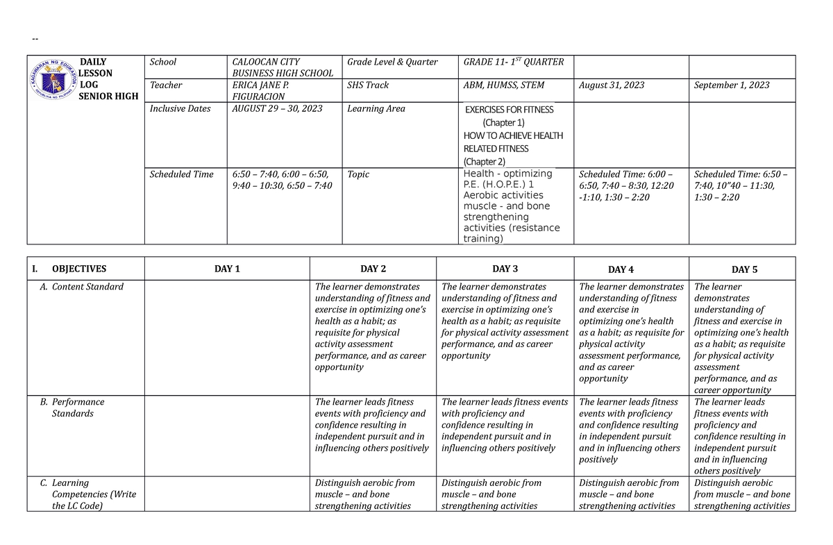 Cccccc - health optimizing physical education - DAILY LESSON LOG SENIOR ...