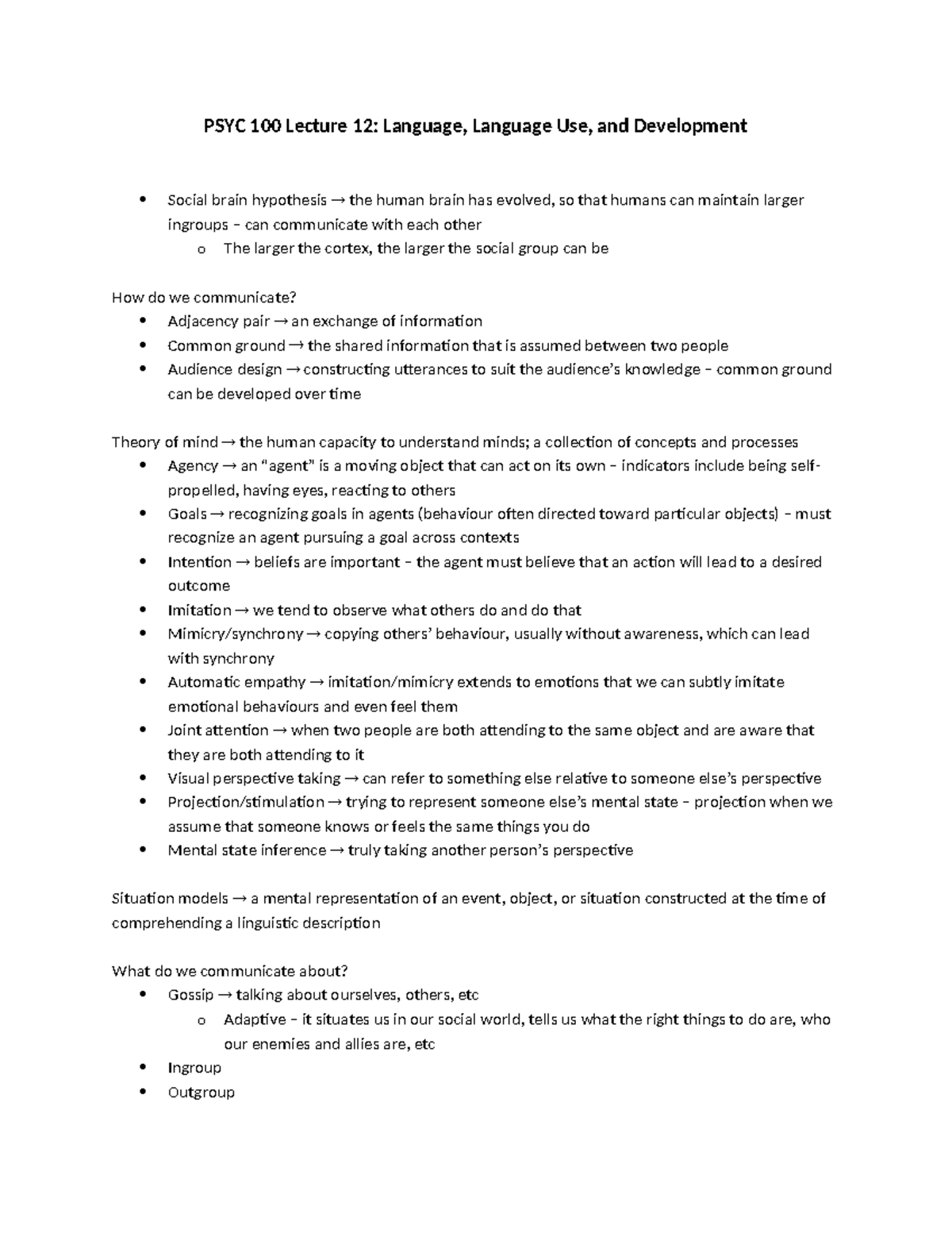 Lecture 12 Notes - PSYC 100 Lecture 12: Language, Language Use, and ...