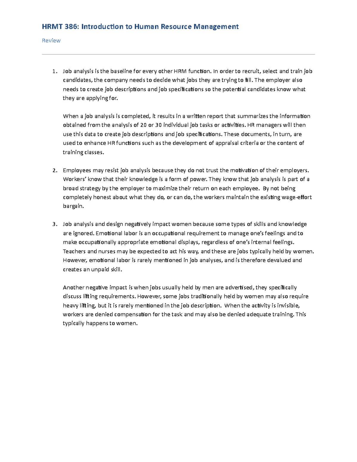 Unit 3 Review Questions HRMT 386 Introduction to Human Resource