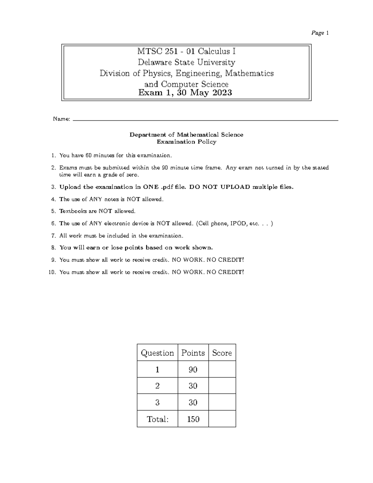 Mtsc251-Su2023-exam1 - Page 1 MTSC 251 - 01 Calculus I Delaware State ...