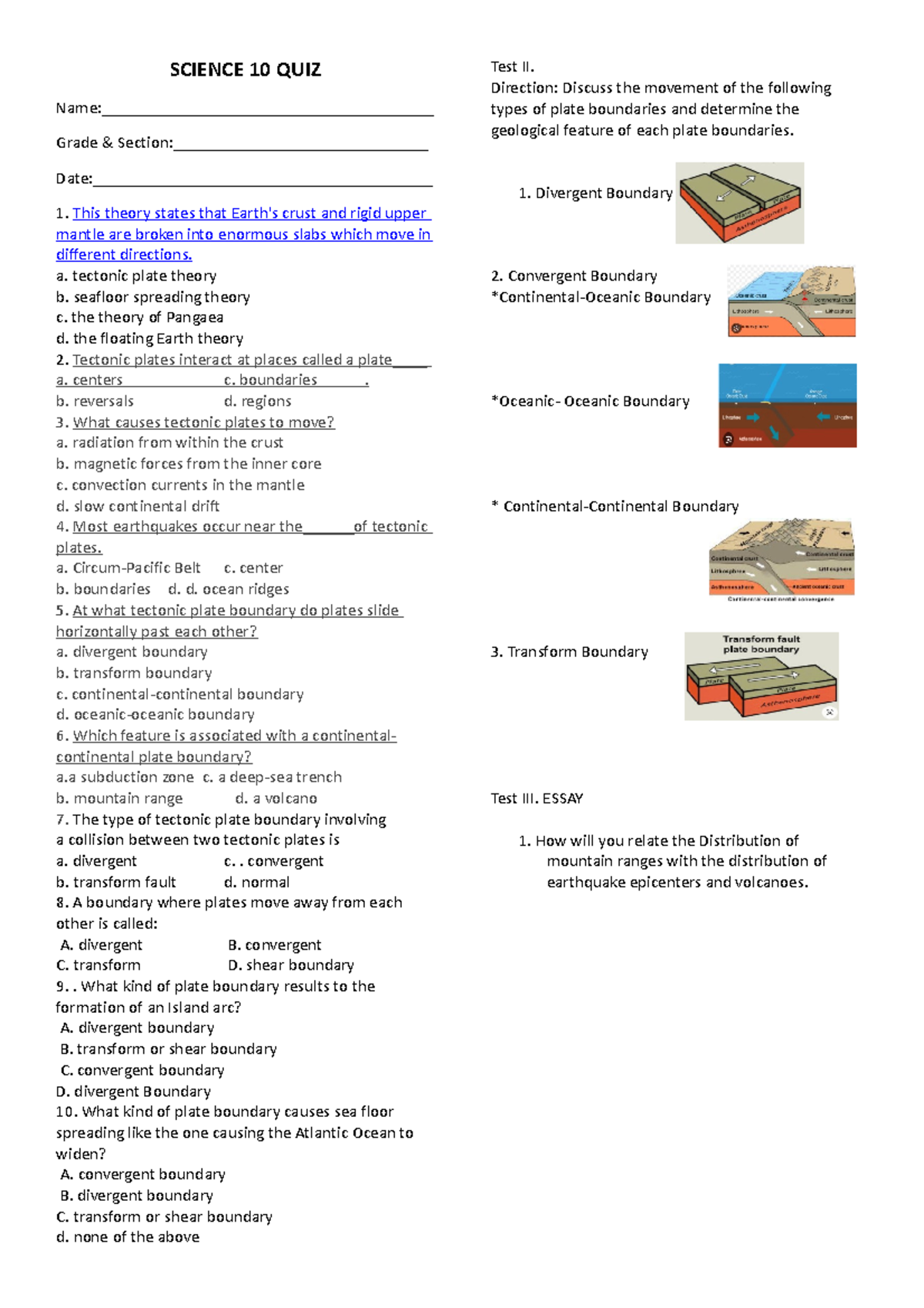 Tectonic plates quiz - science 10 - SCIENCE 10 QUIZ Name