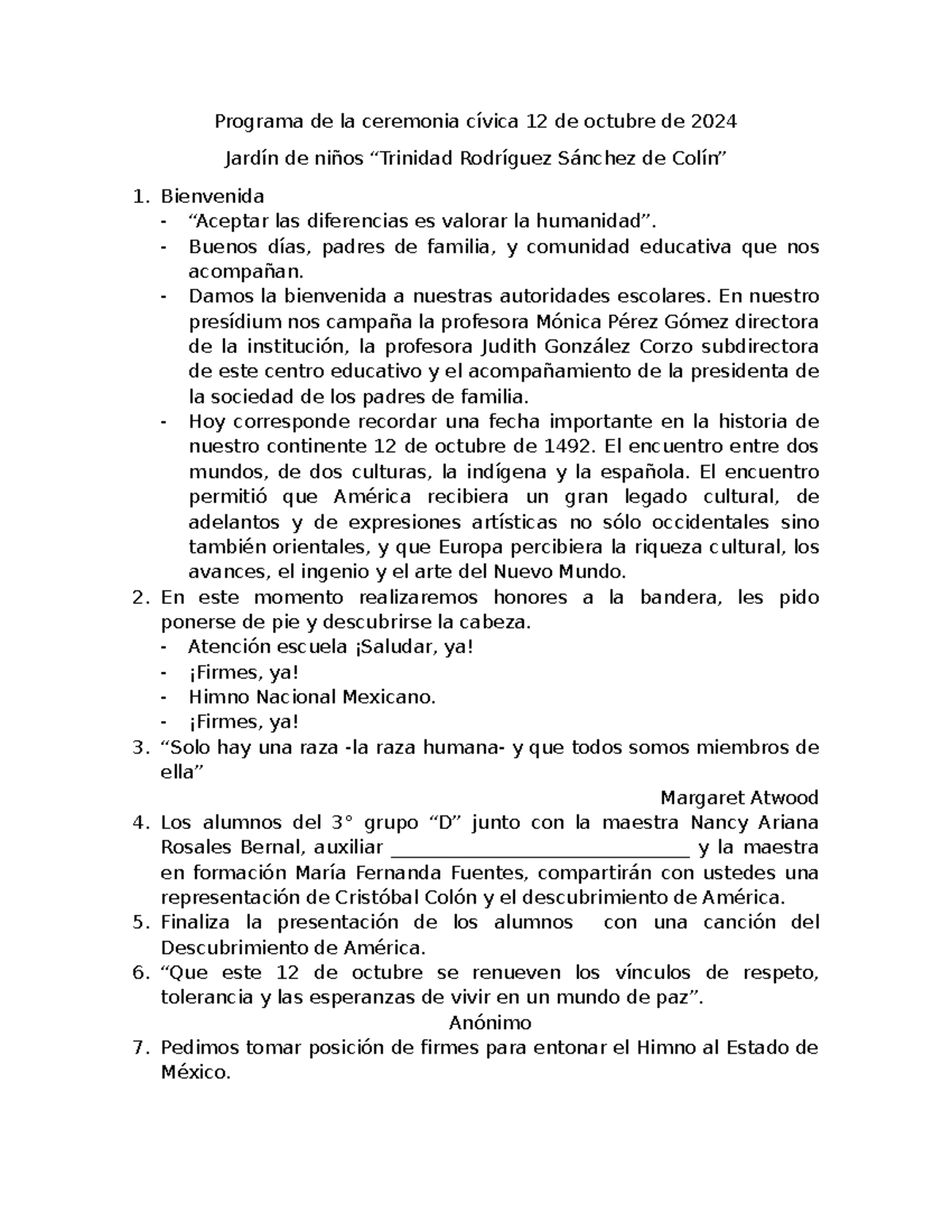 Programa de la ceremonia cívica 12 de octubre de 2024 - Buenos días ...