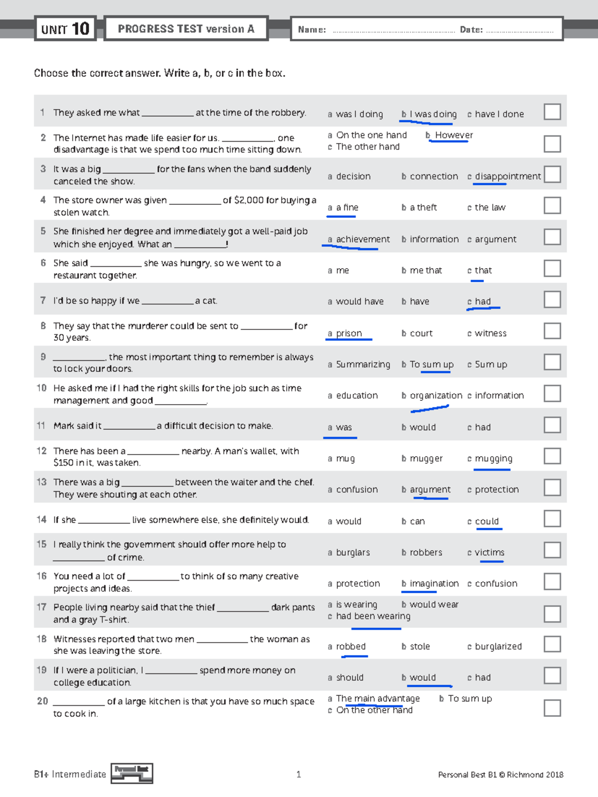 PB Am E B1+ Unit Test U10 Version A - Choose the correct answer. Write ...