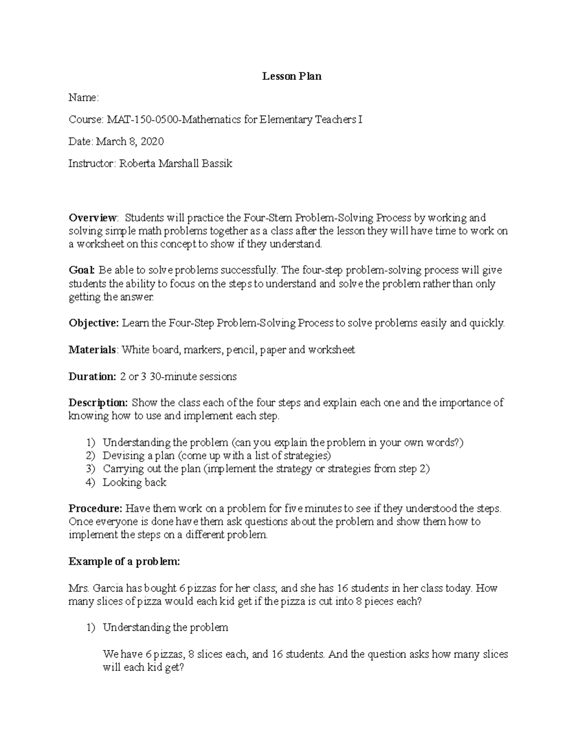 Lesson plan week assignment - Lesson Plan Name: Course: MAT-150-0500 ...