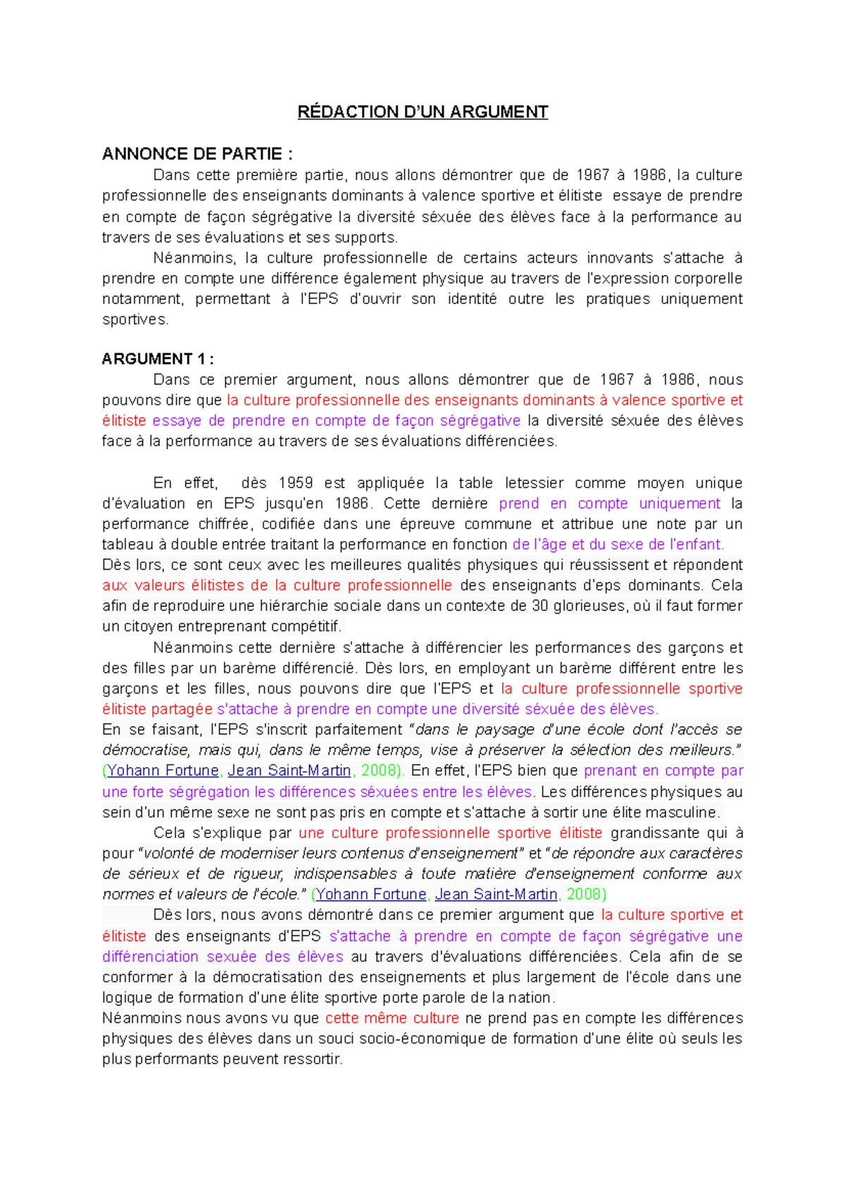 TD Referent Couegnat Damien - RÉDACTION D’UN ARGUMENT ANNONCE DE PARTIE ...