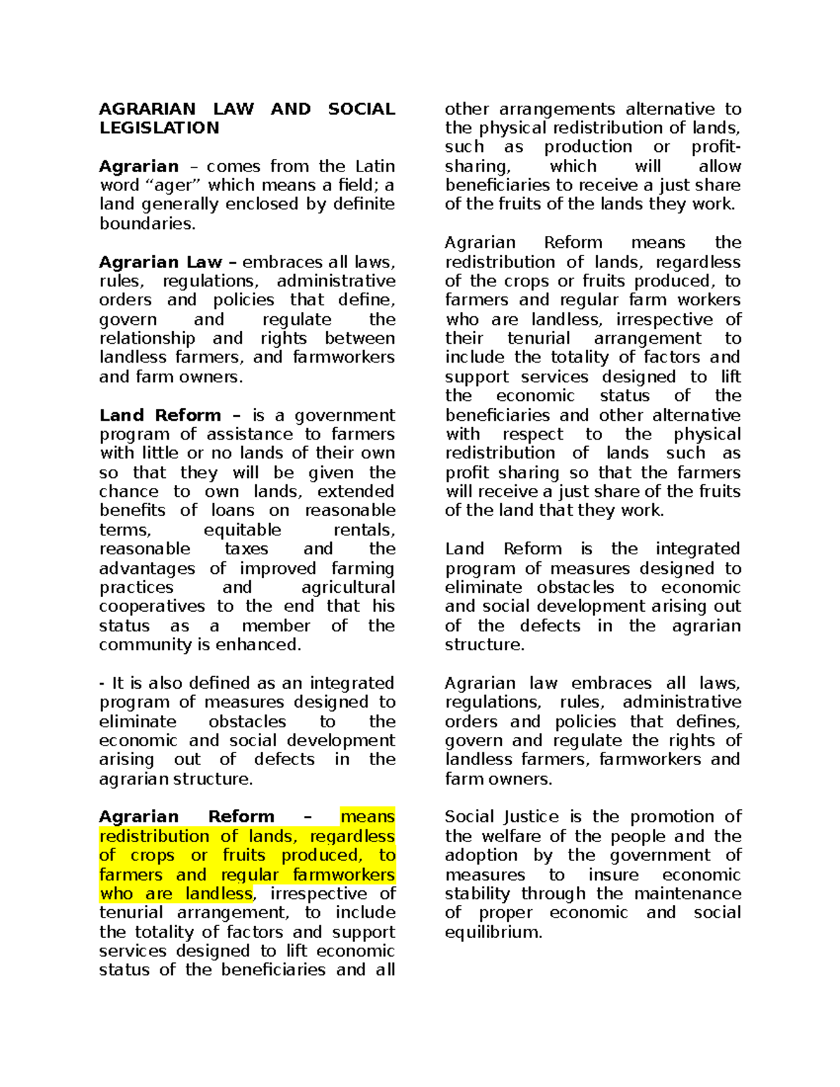 Agrarian LAW AND Social Legislation (Auto Recovered) - AGRARIAN LAW AND ...