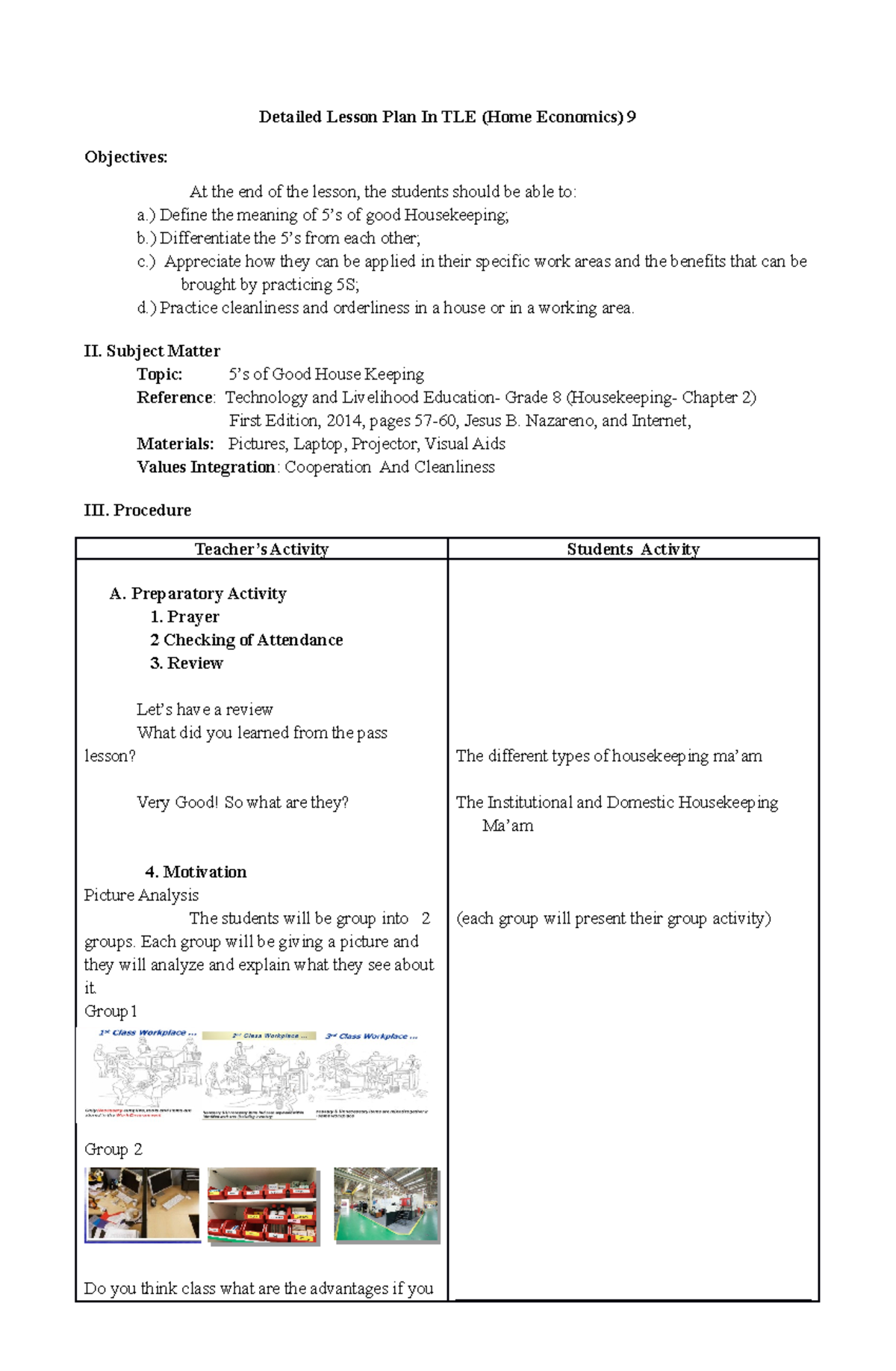Detailed Lesson Plan In House Keeping 5S Detailed Lesson Plan In TLE