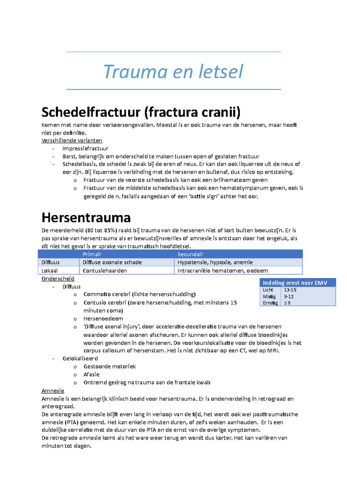 Trauma En Letsel - Samenvatting Blok 3.2: Ziekten Van Het Zenuwstelsel ...