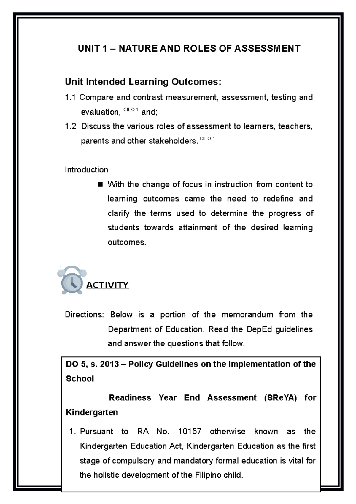 Ed 108 Module Unit 1 Unit 1 Nature And Roles Of Assessment Unit
