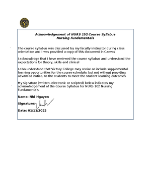 Acknowledgement of NURS 102 Fundamentals Course Syllabus ...