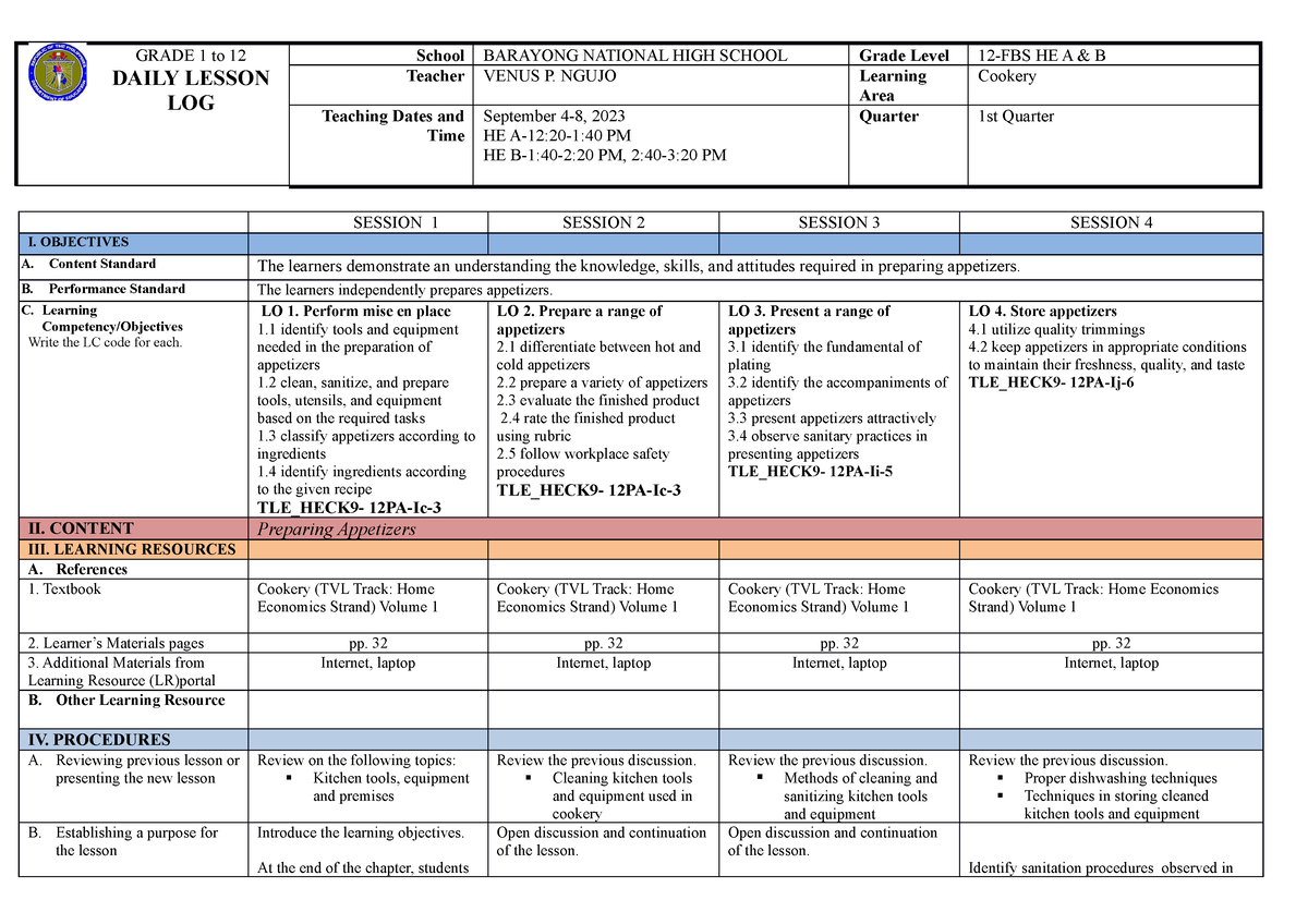 Cookery 2nd Week- Sept 4-8, 2023 - GRADE 1 To 12 DAILY LESSON LOG ...