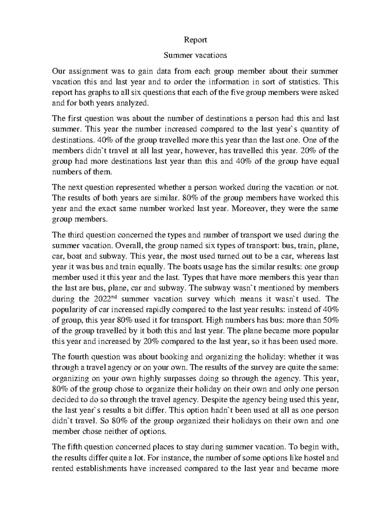 Report - Report Summer vacations Our assignment was to gain data from ...