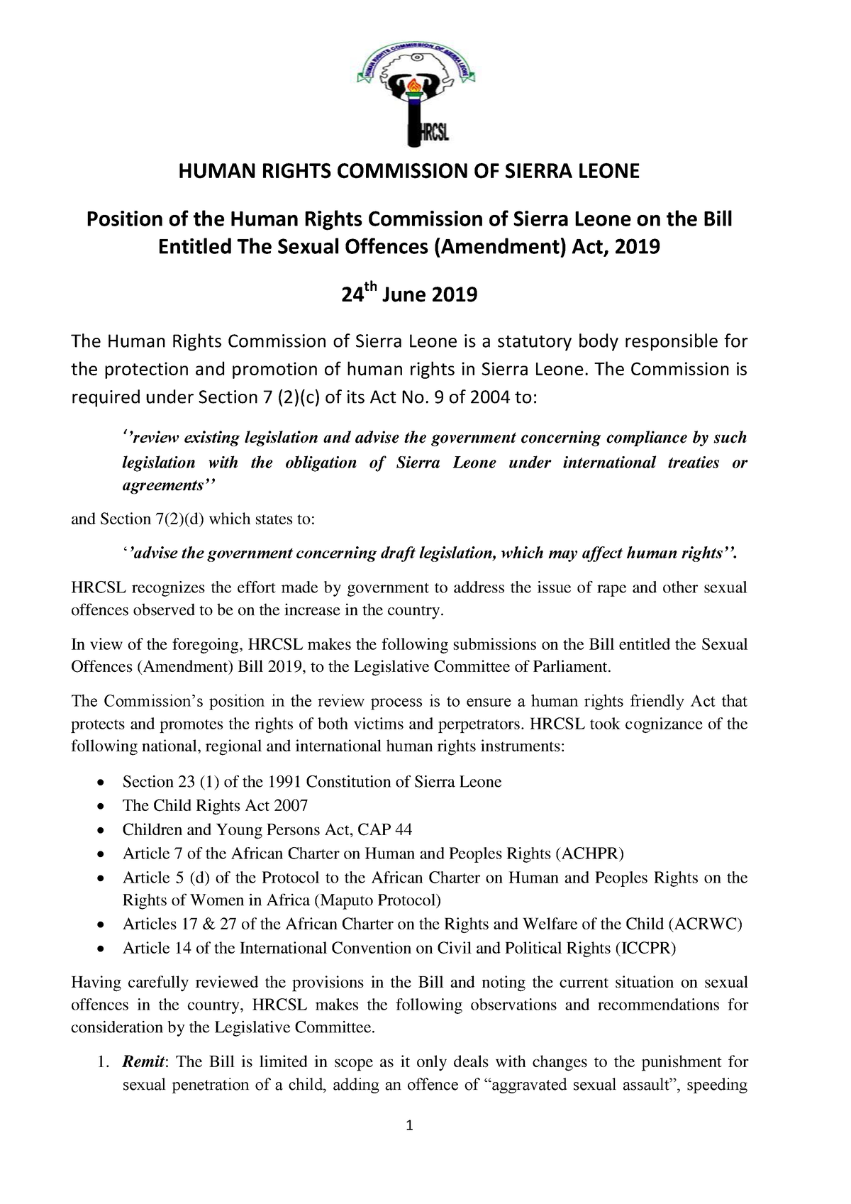 Hrcsl Position On The Sexual Offences Amendment Bill 2019 Human Rights Commission Of Sierra 