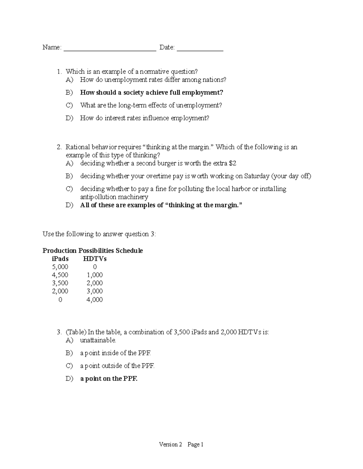 Economics exam answer - Name: __________________________ Date ...