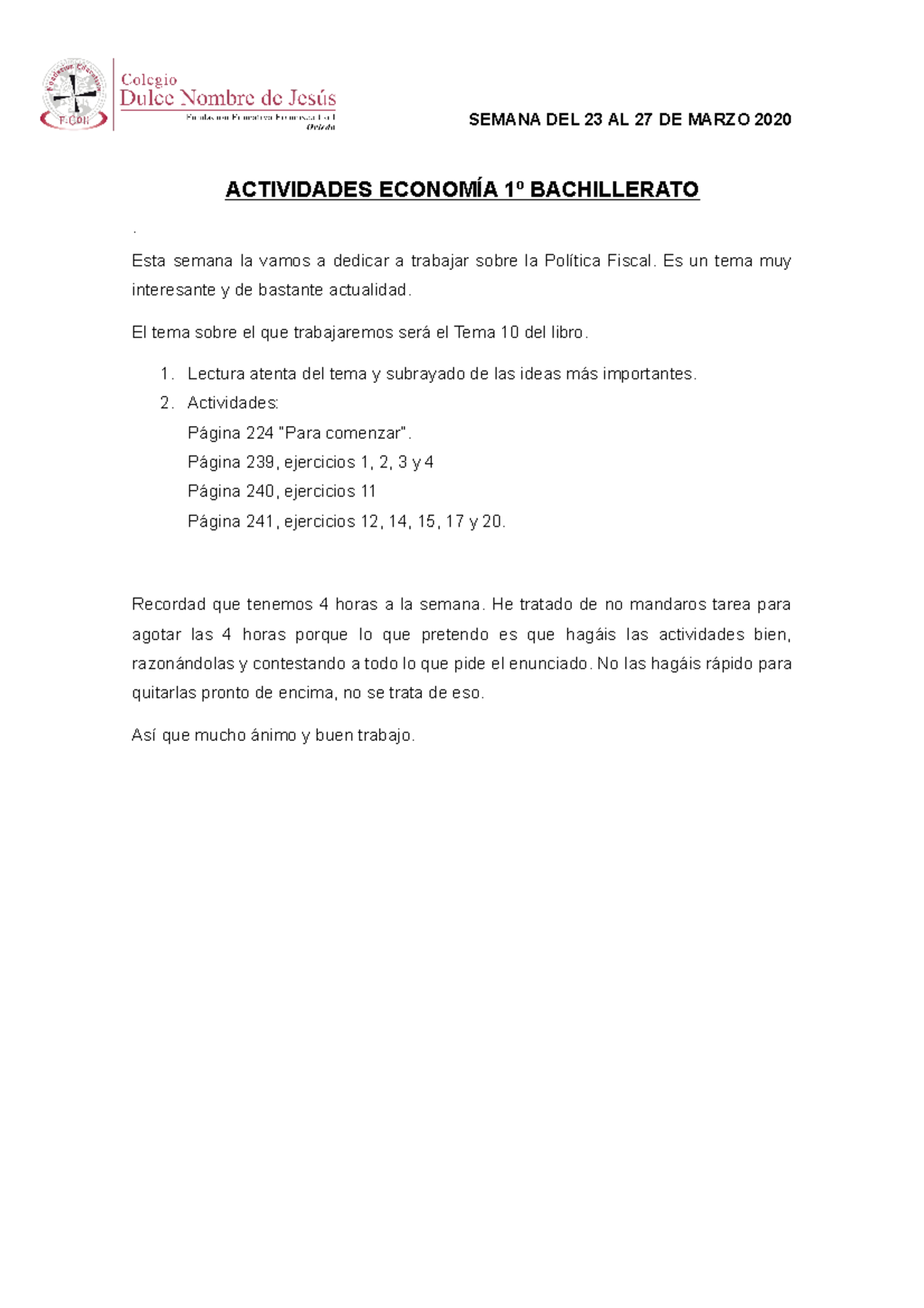 1º Bachillerato Economía Semana Del 23 Al 27 De Marzo 2020