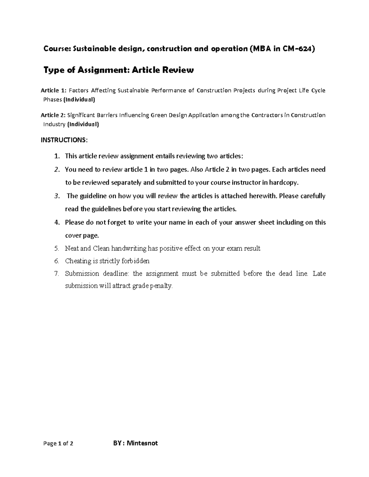 article review assignment with answer