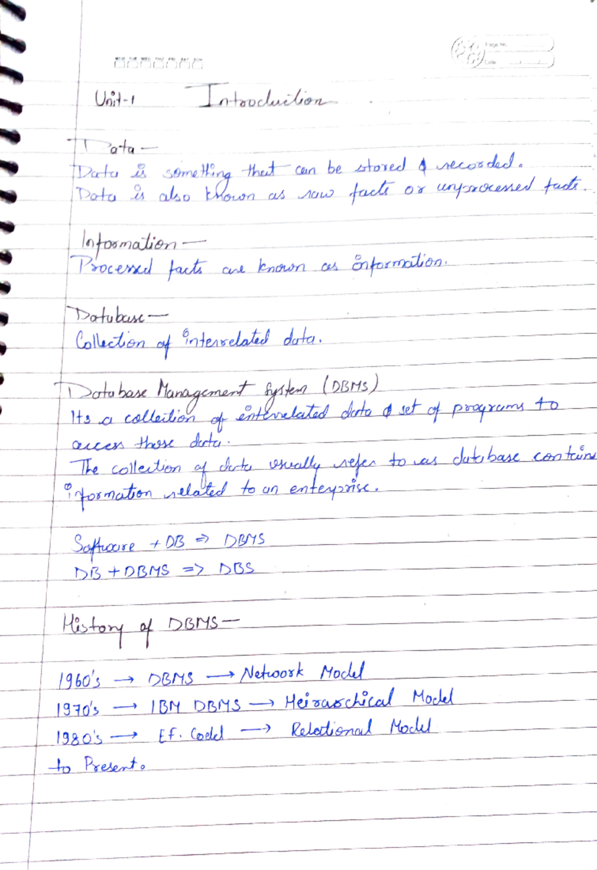 Dbms Unil 1 - Dbms Unit 1 Notes - B.tech Cse 3rd Year (unit One) Dbms 