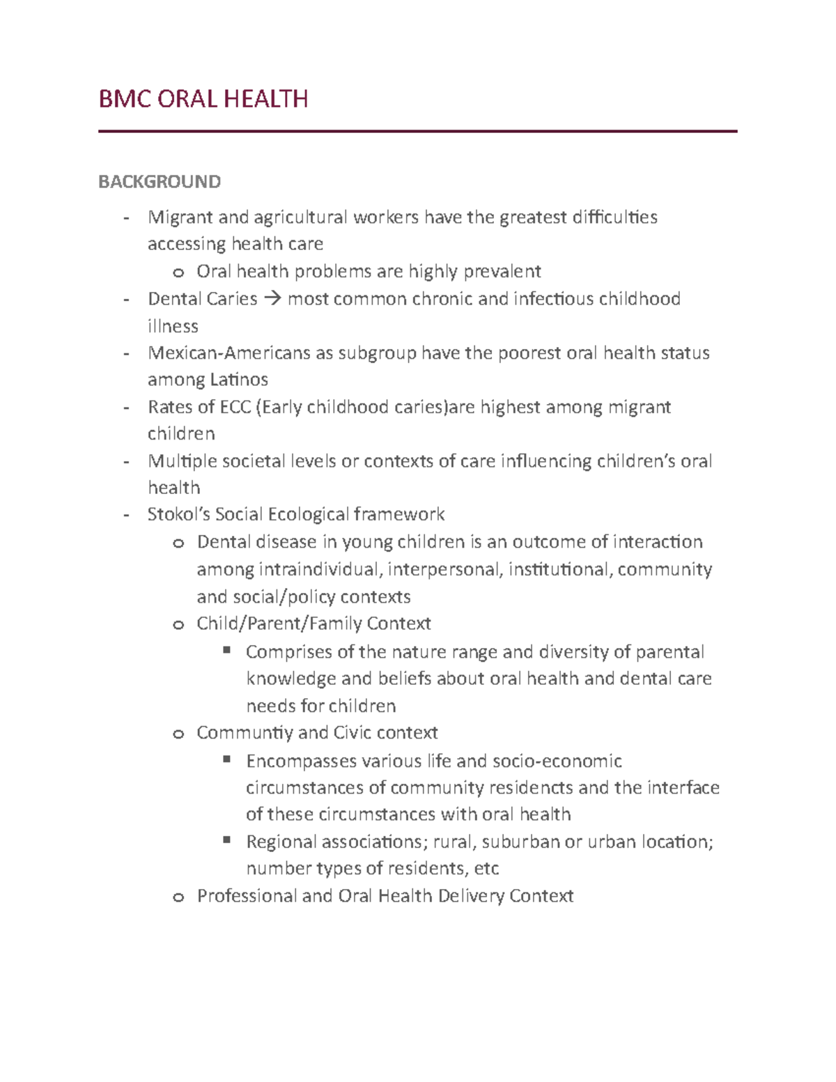 BMC ORAL Health notes BMC ORAL HEALTH BACKGROUND Migrant and