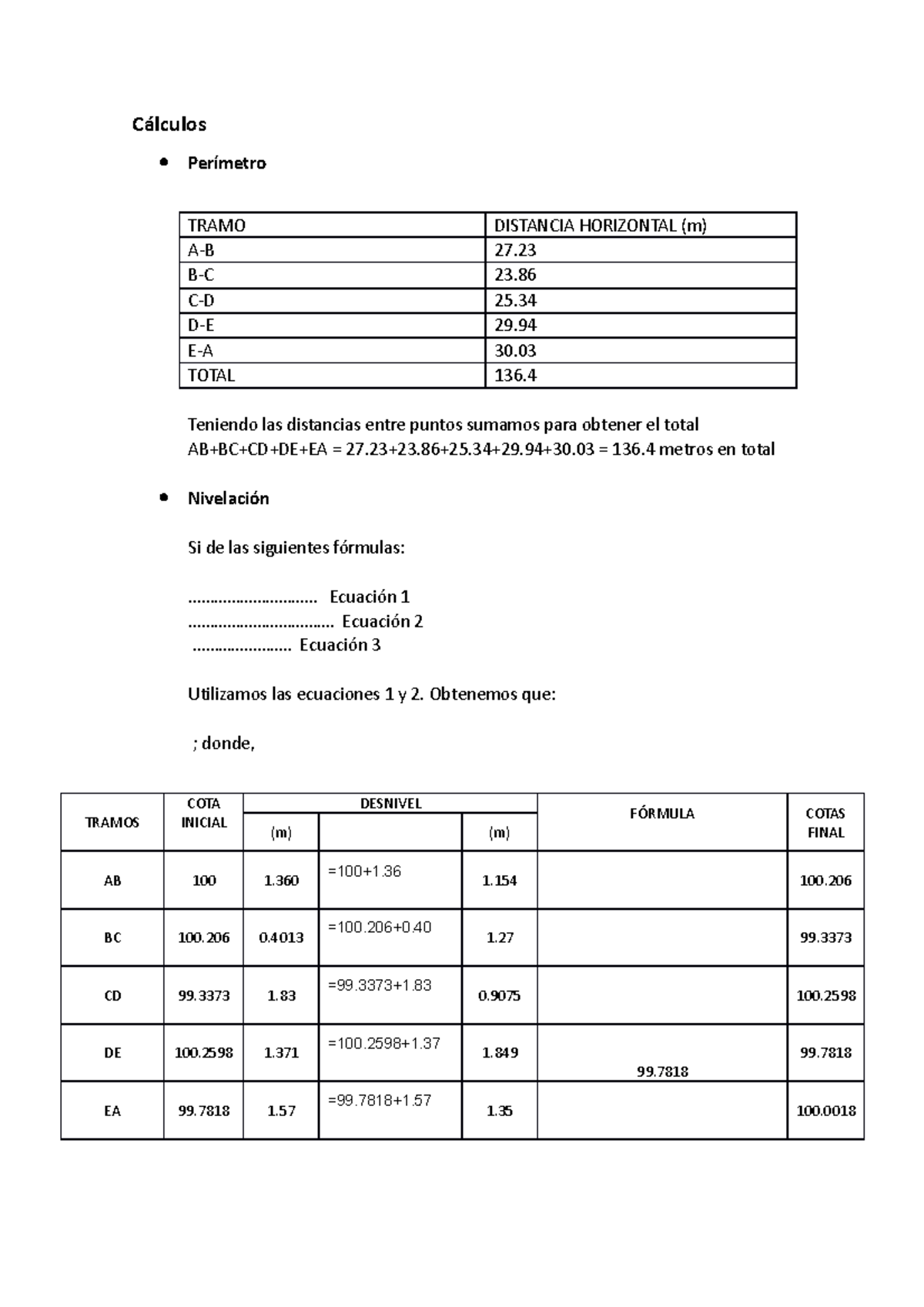 Calculos informe numero 2 - Cálculos Perímetro TRAMO DISTANCIA ...