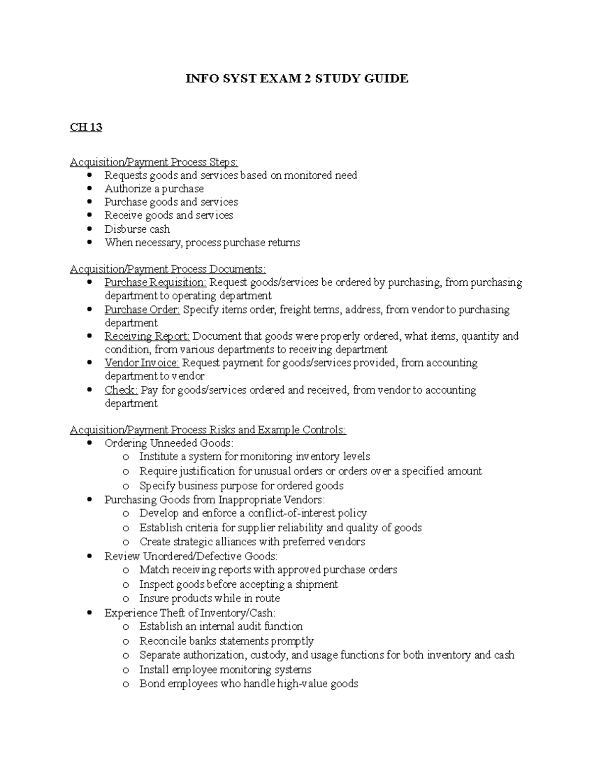 Exam 2 Study Guide Info Syst Exam 2 Study Guide Ch 13 Acquisition